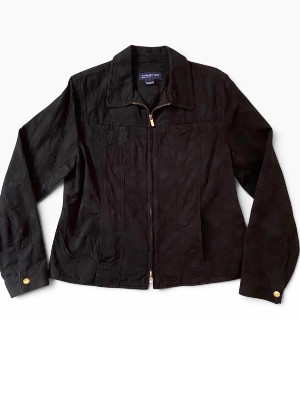 JONES New York Black blazer zip-up jacket 100% cotton tapestry pockets Large